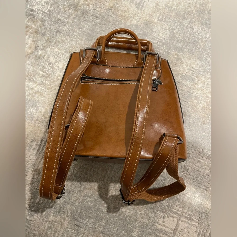 Top Grain Leather Womens Backpack Retro Style Rucksack Shoulder Bag Carmel Brown - Picture 5 of 12